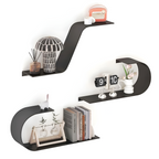 3 Piece Black Metal Floating Wall Shelf Set with Modern Curved Design