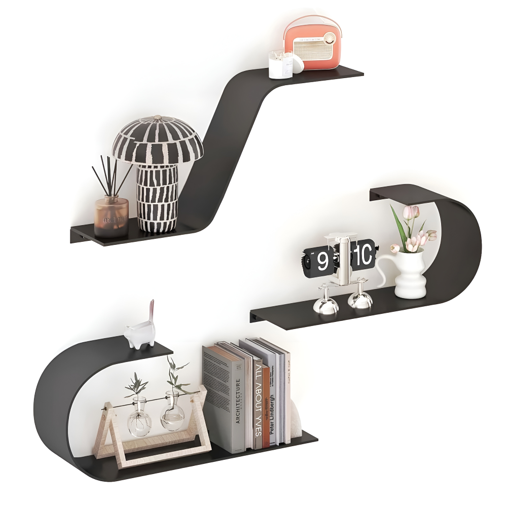 3 Piece Black Metal Floating Wall Shelf Set with Modern Curved Design