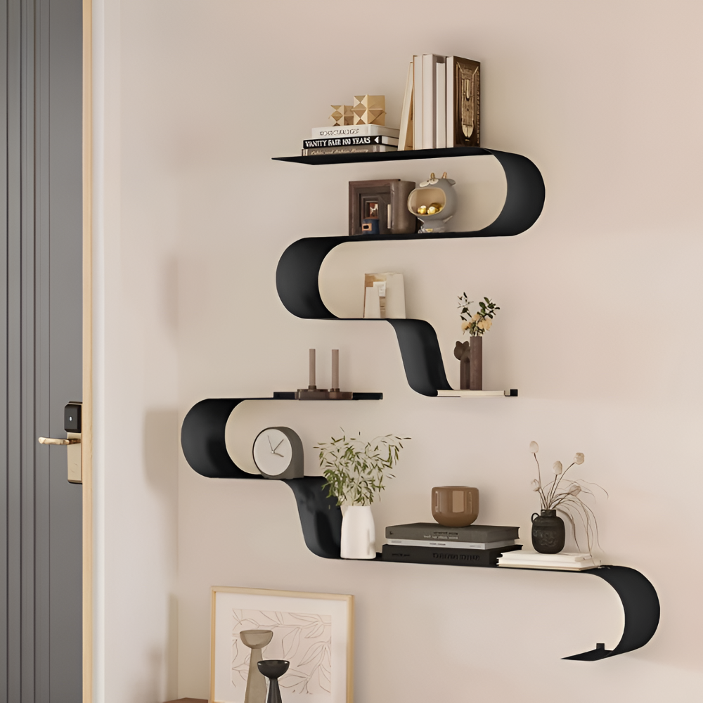 3 Piece Black Metal Floating Wall Shelf Set with Modern Curved Design