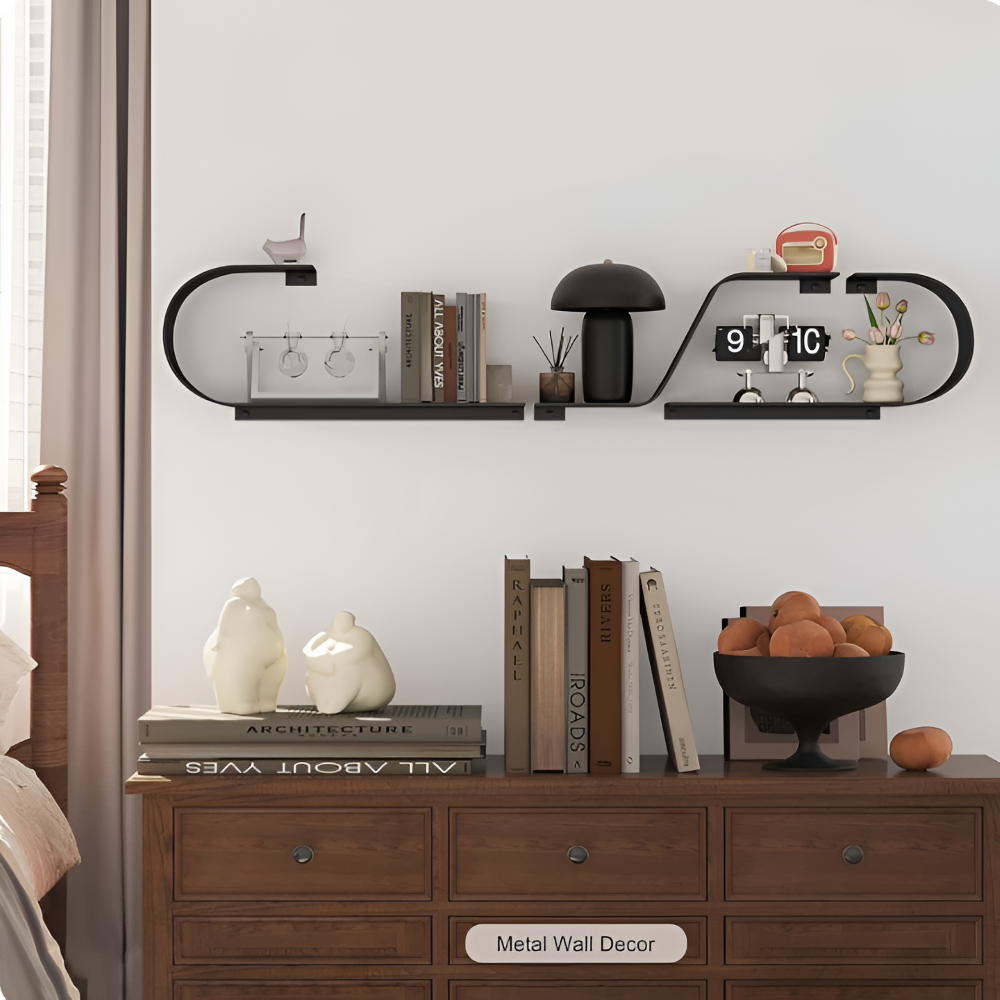 3 Piece Black Metal Floating Wall Shelf Set with Modern Curved Design