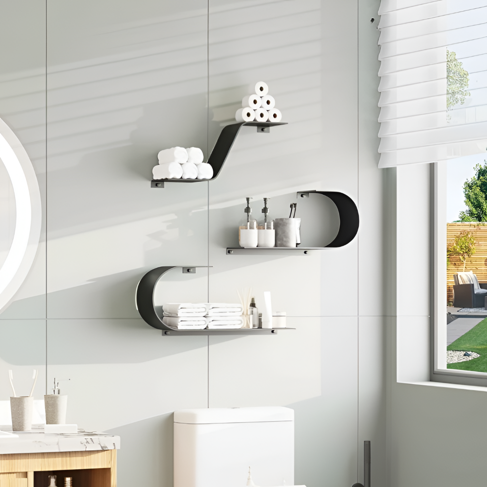 3 Piece Black Metal Floating Wall Shelf Set with Modern Curved Design
