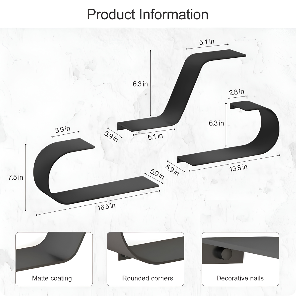 3 Piece Black Metal Floating Wall Shelf Set with Modern Curved Design