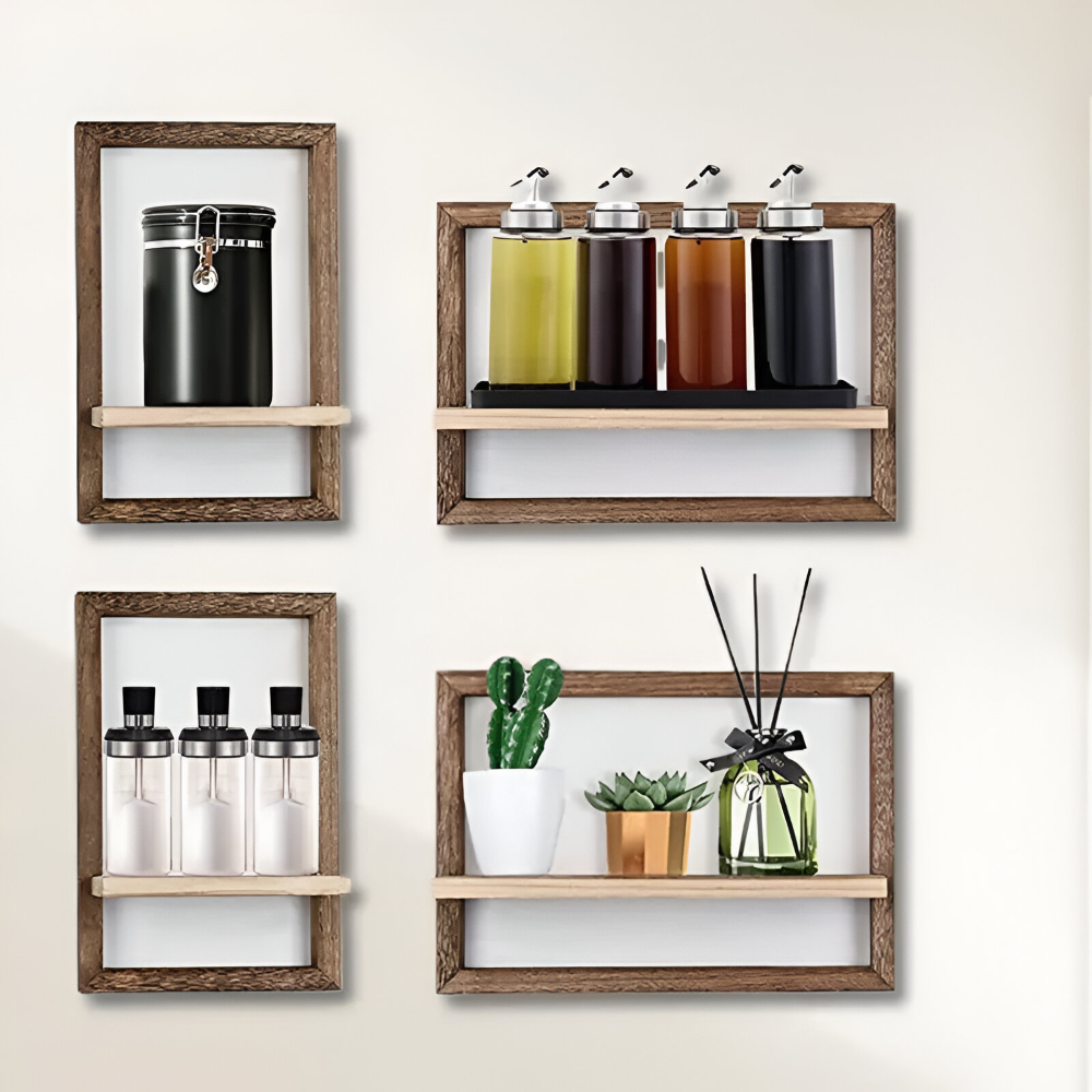 Geometric Wooden Wall Shelf Set with Floating Design