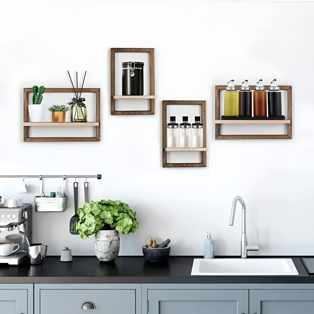 Geometric Wooden Wall Shelf Set with Floating Design
