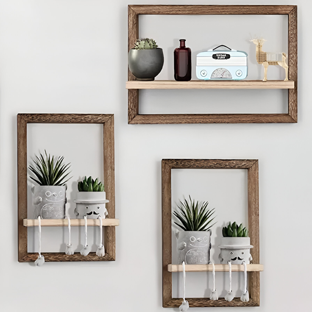 Geometric Wooden Wall Shelf Set with Floating Design