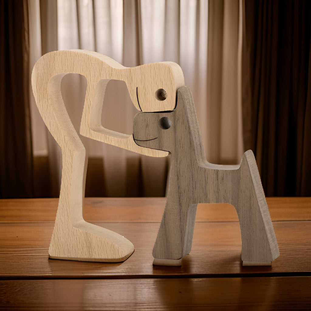 Handcrafted Wooden Dog and Human Sculpture