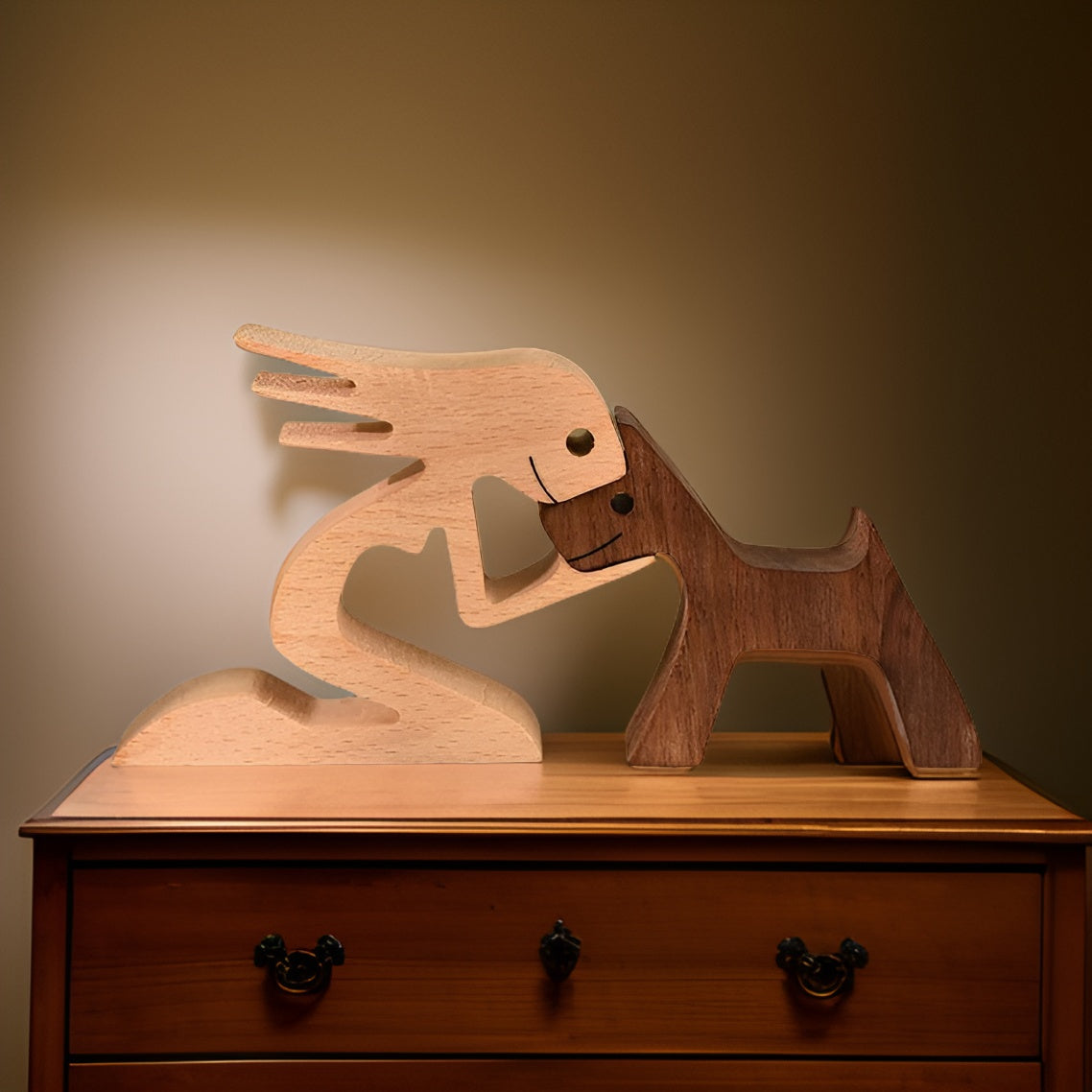 Handcrafted Wooden Dog and Human Sculpture