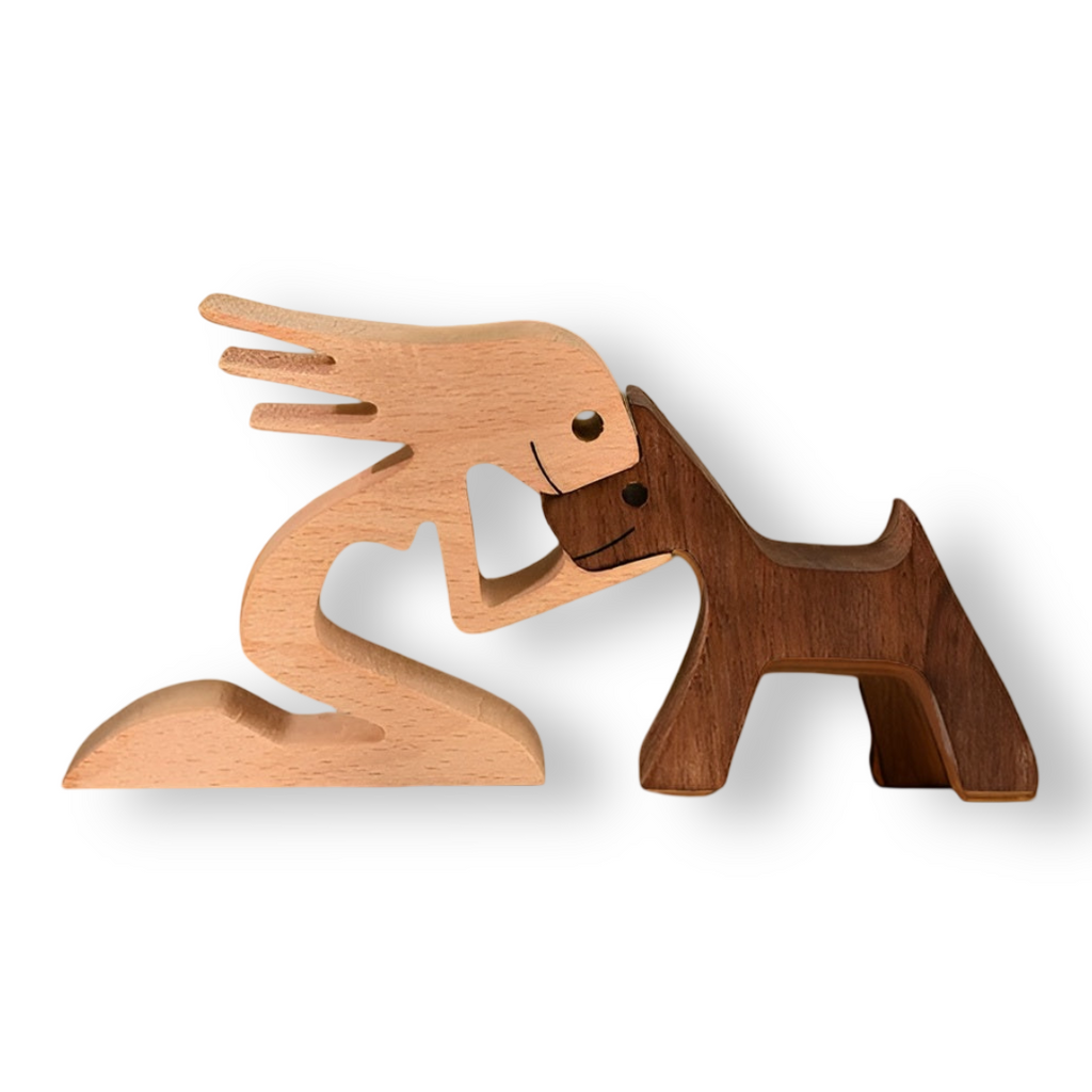 Handcrafted Wooden Dog and Human Sculpture