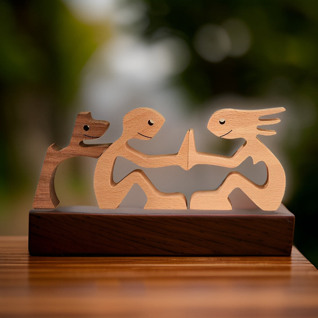 Handcrafted Wooden Dog and Human Sculpture