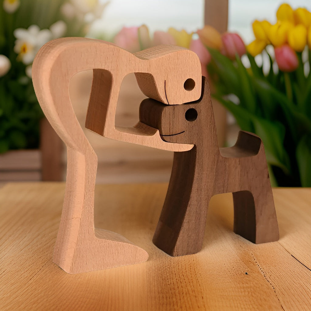 Handcrafted Wooden Dog and Human Sculpture