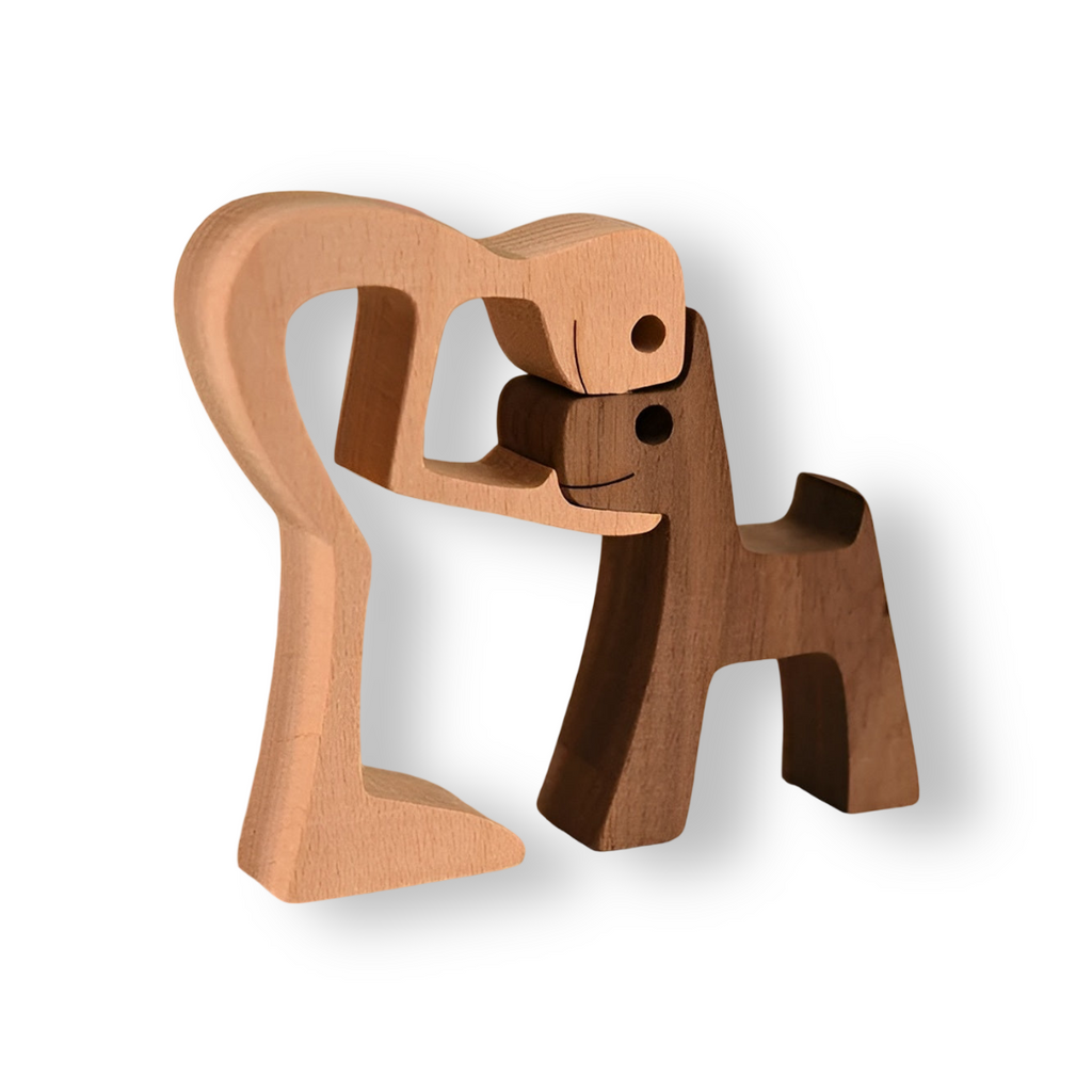 Handcrafted Wooden Dog and Human Sculpture