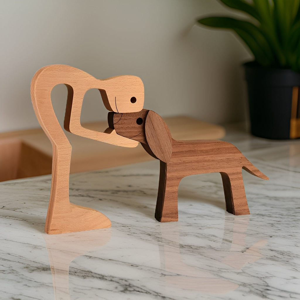 Handcrafted Wooden Dog and Human Sculpture