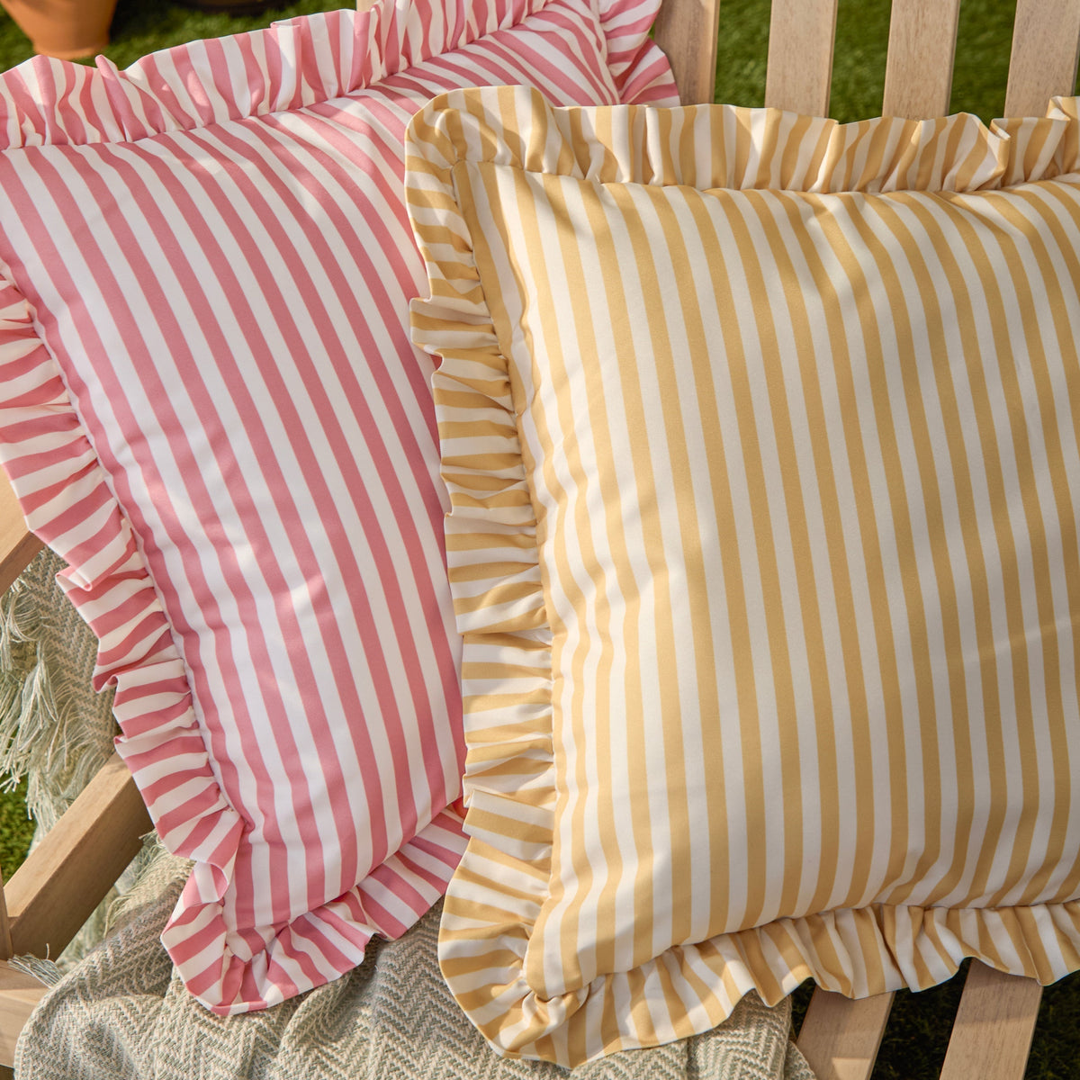 Water Resistant Striped Cushion Cover with Ruffle Trim