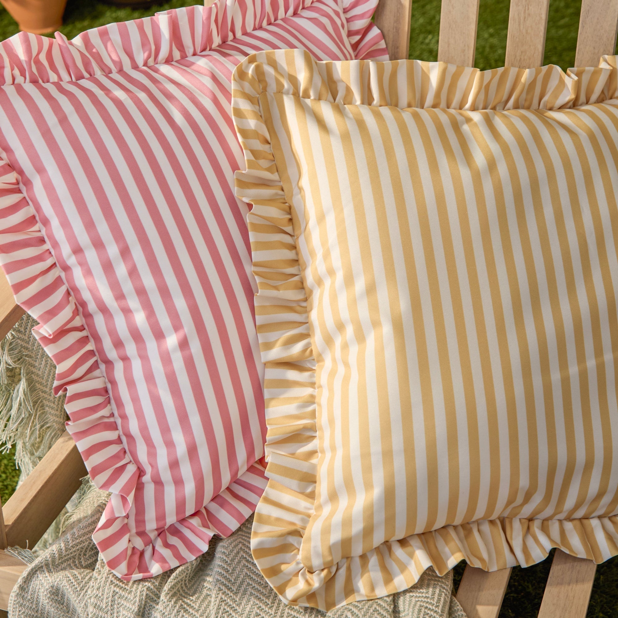Water Resistant Striped Cushion Cover with Ruffle Trim