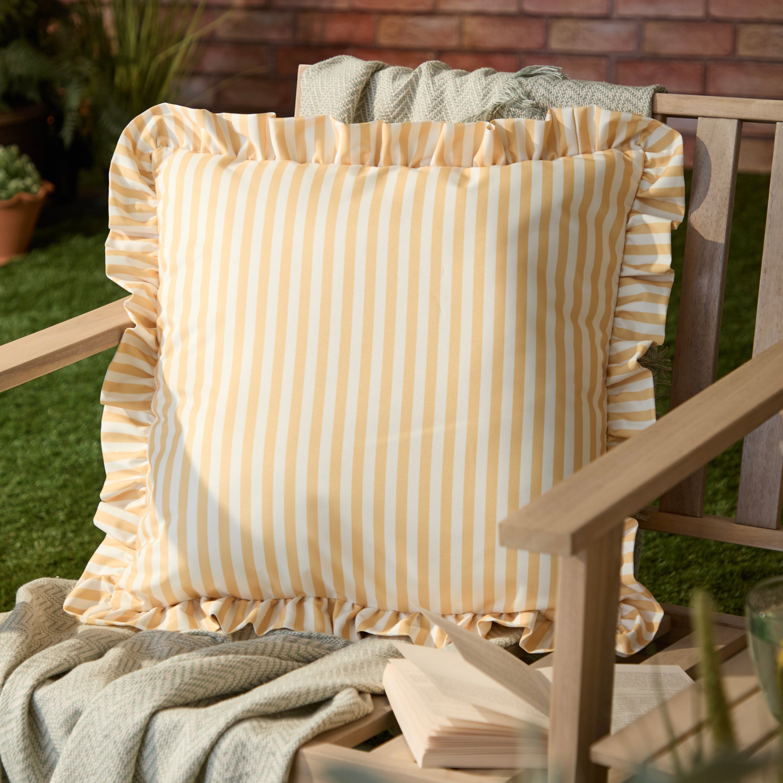 Water Resistant Striped Cushion Cover with Ruffle Trim