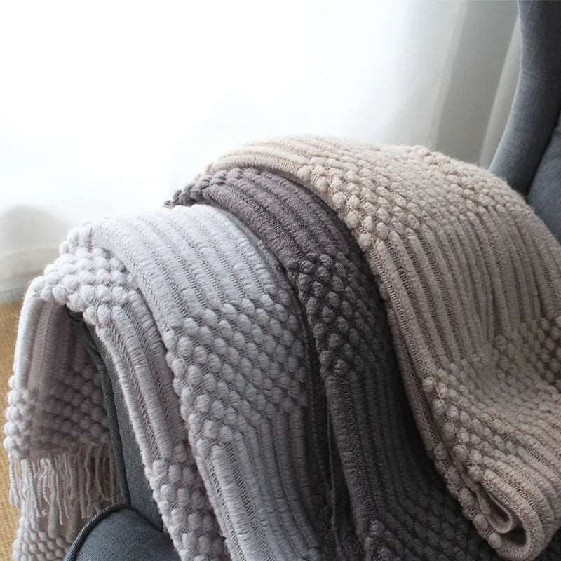 Nordic Knitted Throw Blanket with Fringe for Sofa and Bed