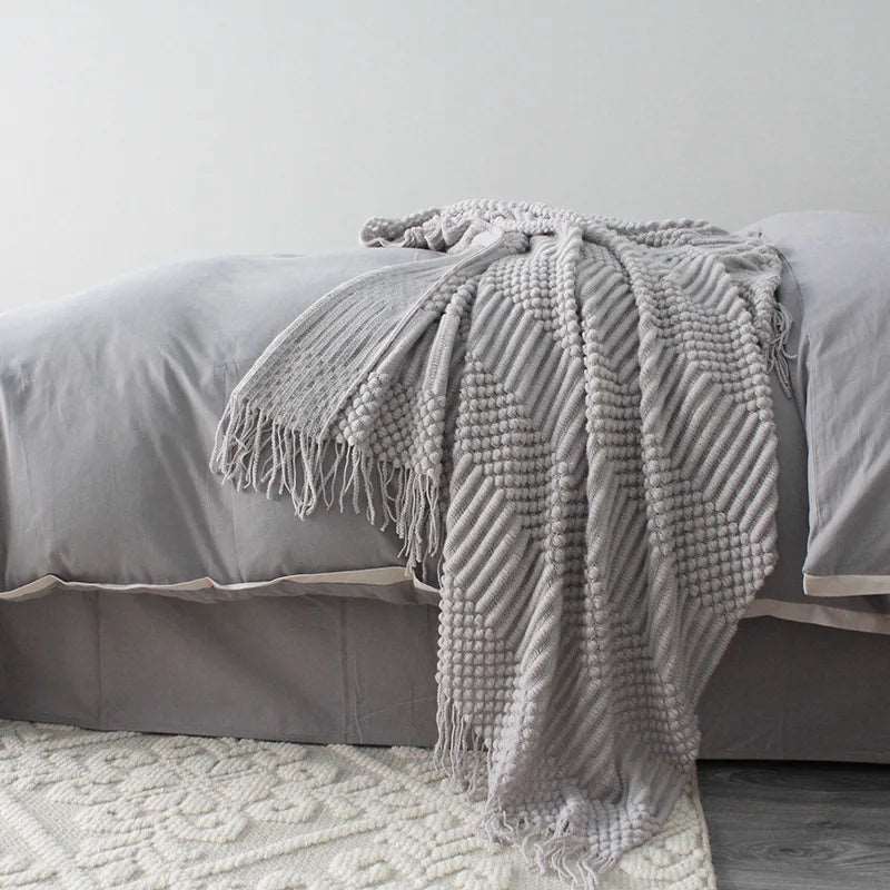 Nordic Knitted Throw Blanket with Fringe for Sofa and Bed