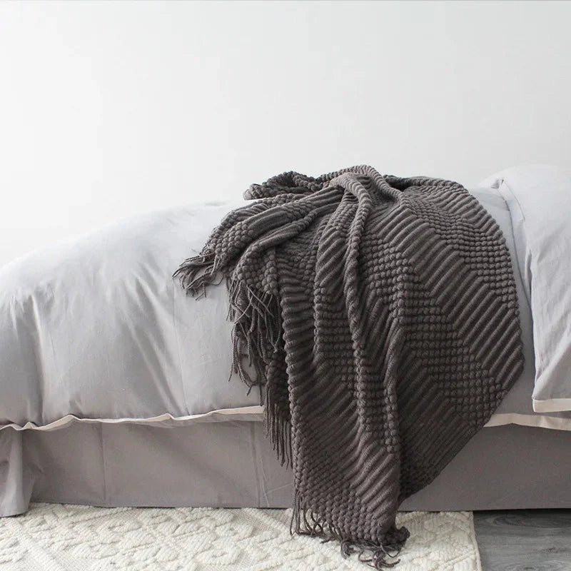 Nordic Knitted Throw Blanket with Fringe for Sofa and Bed