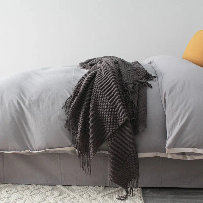 Nordic Knitted Throw Blanket with Fringe for Sofa and Bed