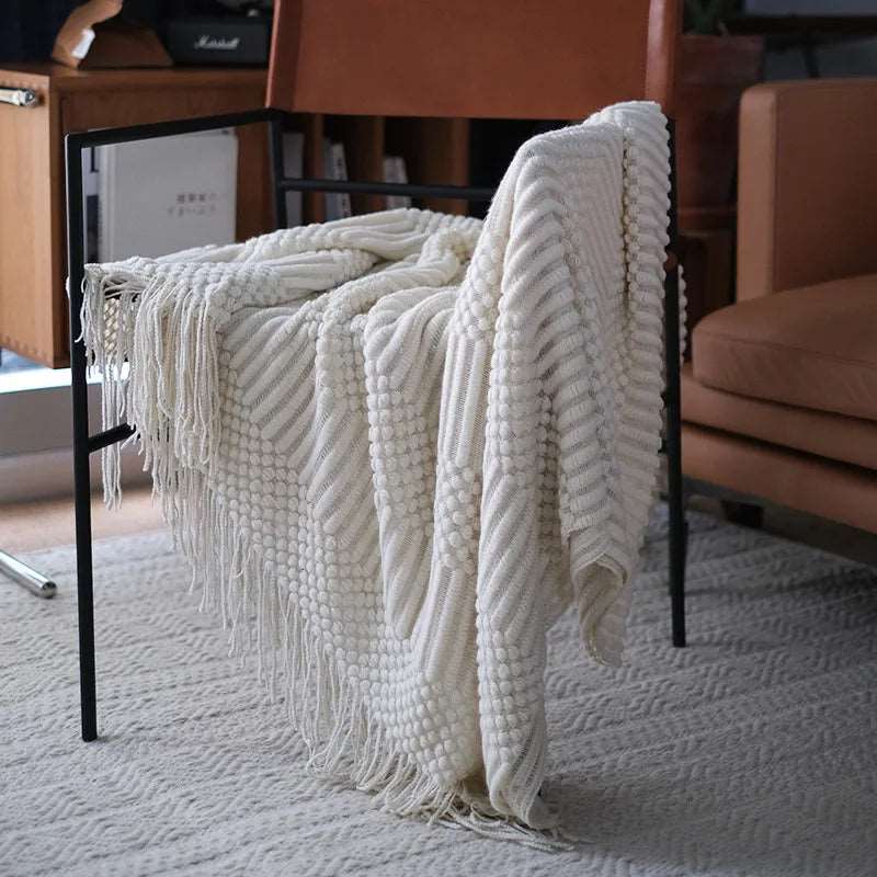 Nordic Knitted Throw Blanket with Fringe for Sofa and Bed