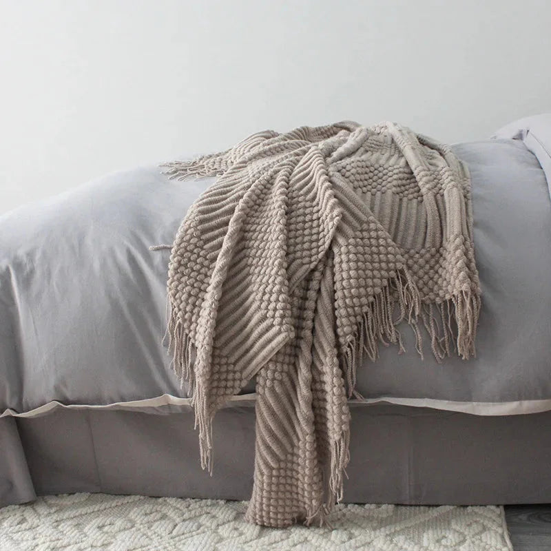 Nordic Knitted Throw Blanket with Fringe for Sofa and Bed