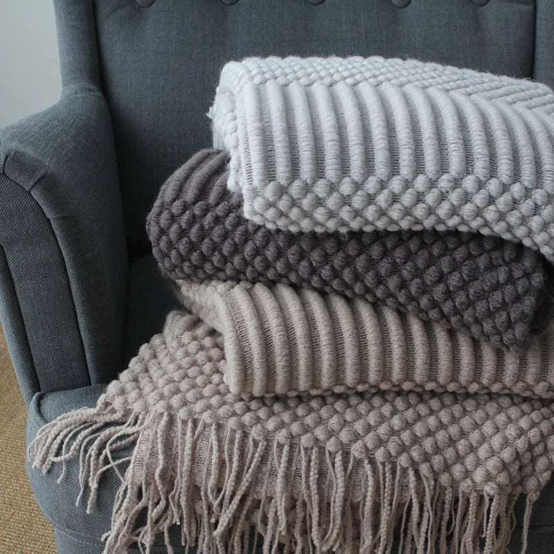 Nordic Knitted Throw Blanket with Fringe for Sofa and Bed