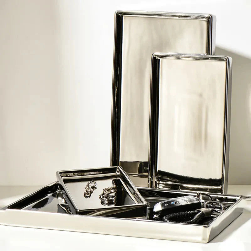 Rectangular Ceramic Tray with Silver Finish