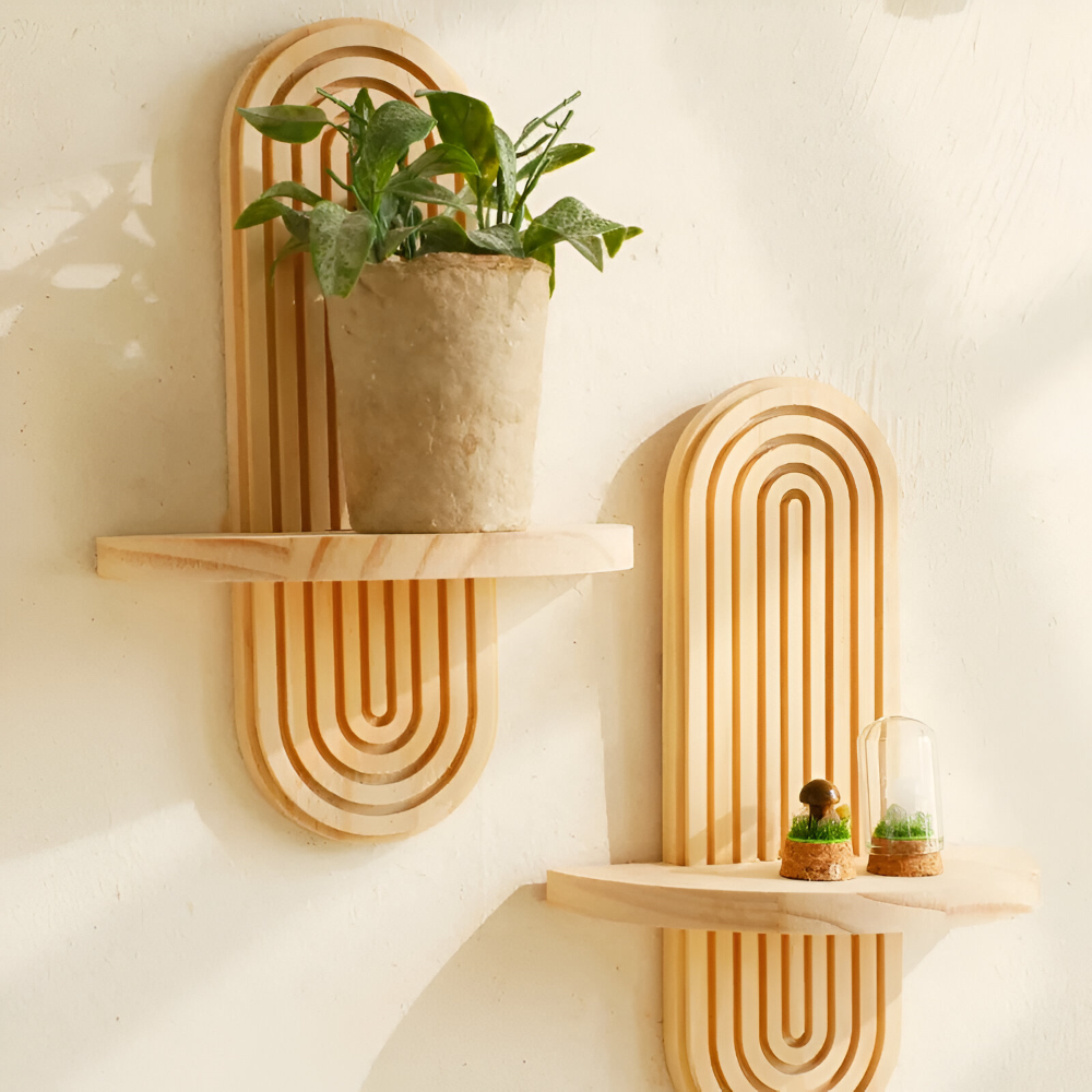 Geometric Wooden Wall Shelf with Arch Design for Floating Storage
