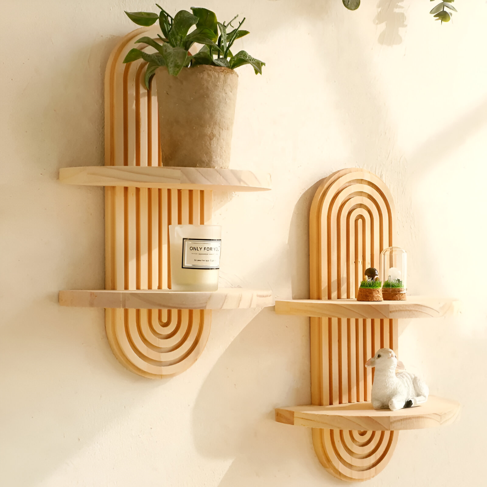 Geometric Wooden Wall Shelf with Arch Design for Floating Storage