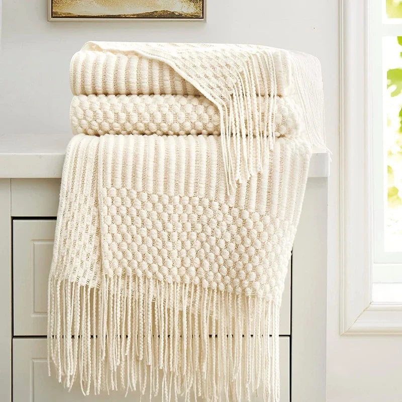 Nordic Knitted Throw Blanket with Fringe for Sofa and Bed