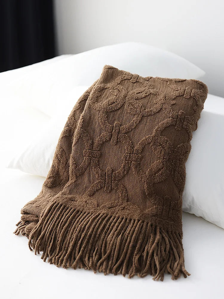 Large Knitted Jacquard Throw Blanket with Fringe