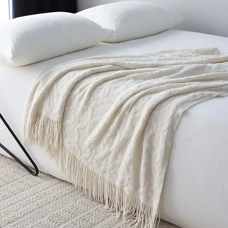 Large Knitted Jacquard Throw Blanket with Fringe