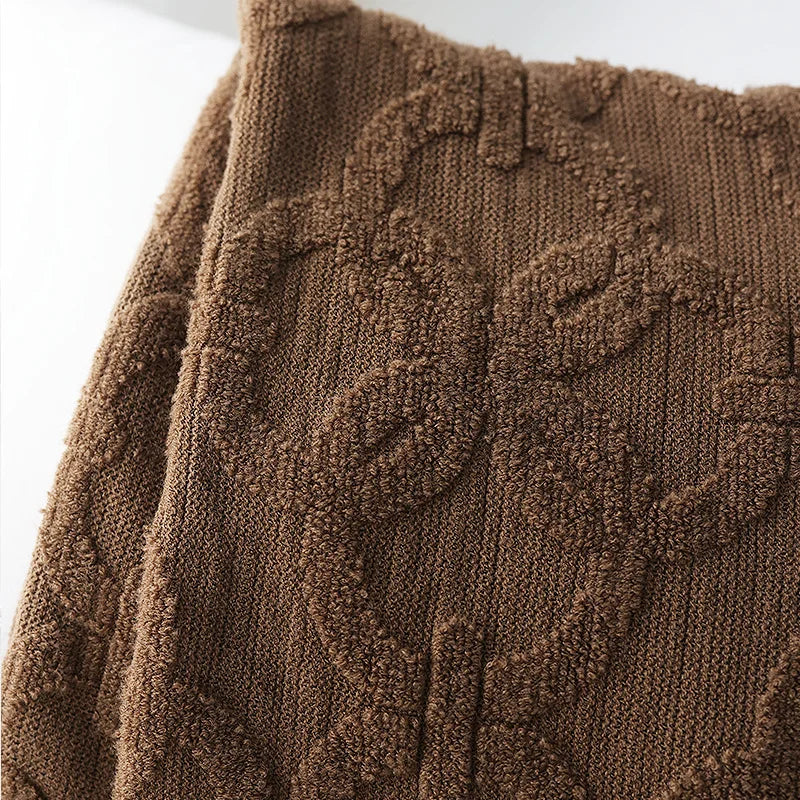 Large Knitted Jacquard Throw Blanket with Fringe