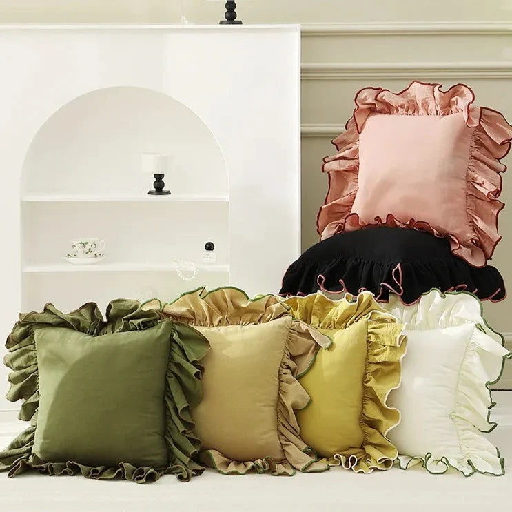 Cotton Cushion Cover with Ruffle Edge for Square Pillows