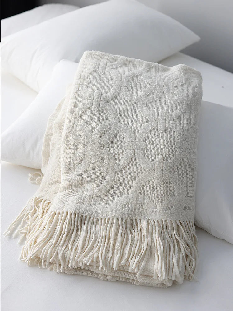 Large Knitted Jacquard Throw Blanket with Fringe