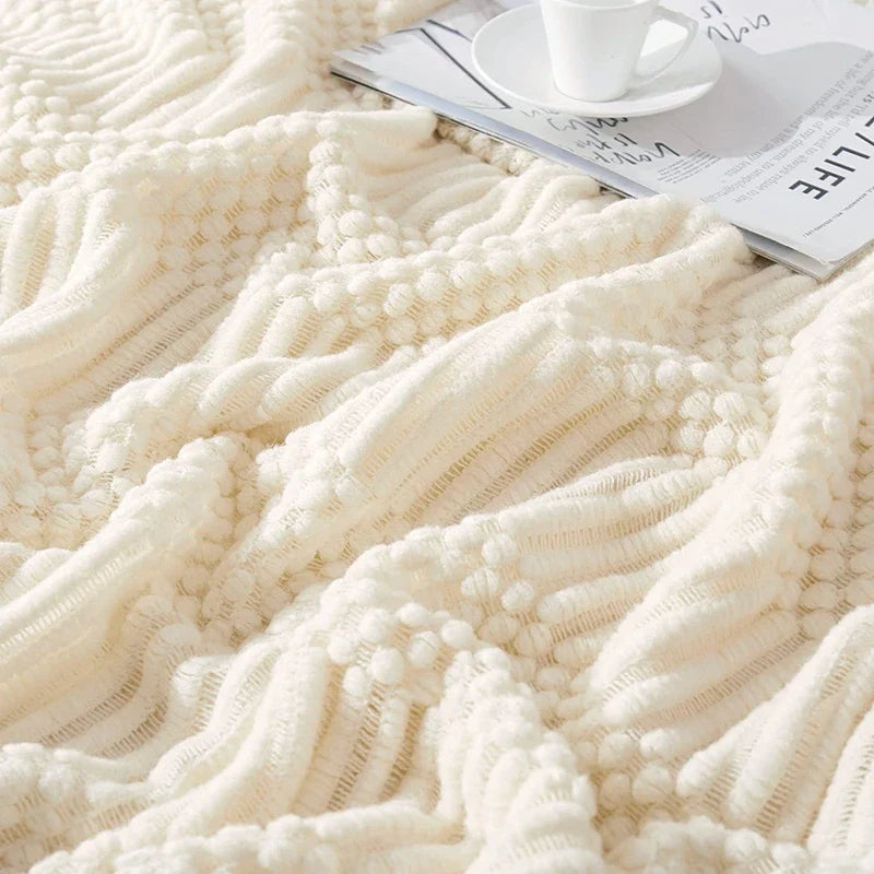 Nordic Knitted Throw Blanket with Fringe for Sofa and Bed
