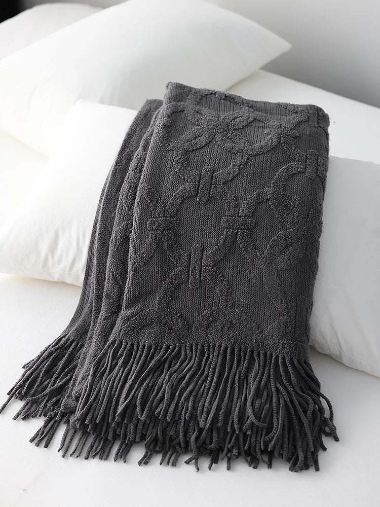 Large Knitted Jacquard Throw Blanket with Fringe