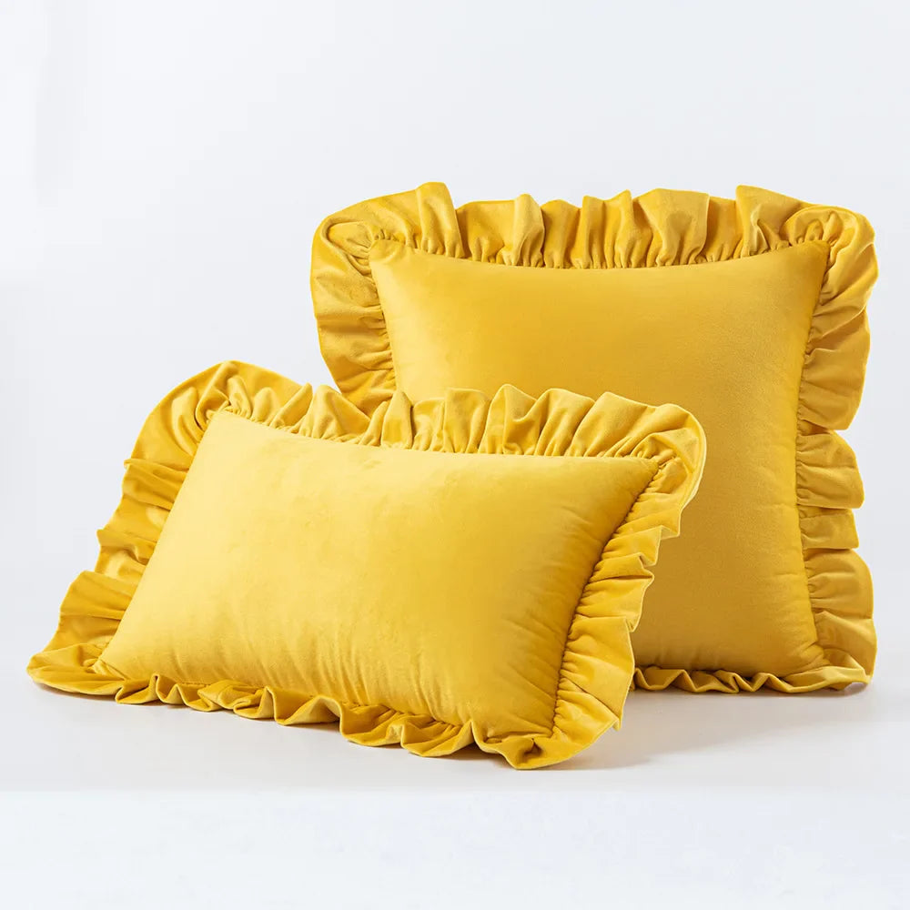 Velvet Cushion Cover with Ruffle Edge Square Pillows