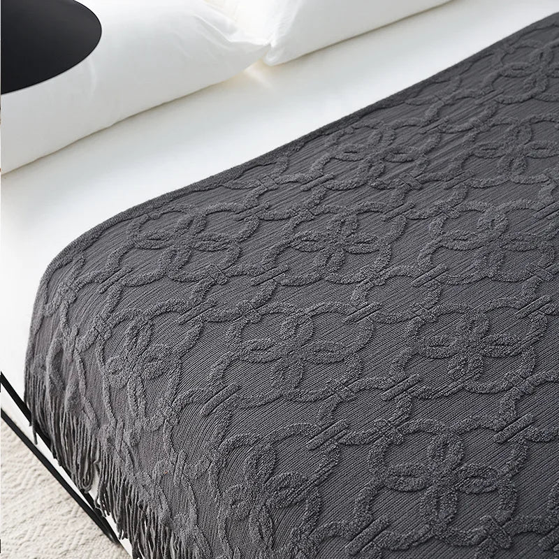 Large Knitted Jacquard Throw Blanket with Fringe