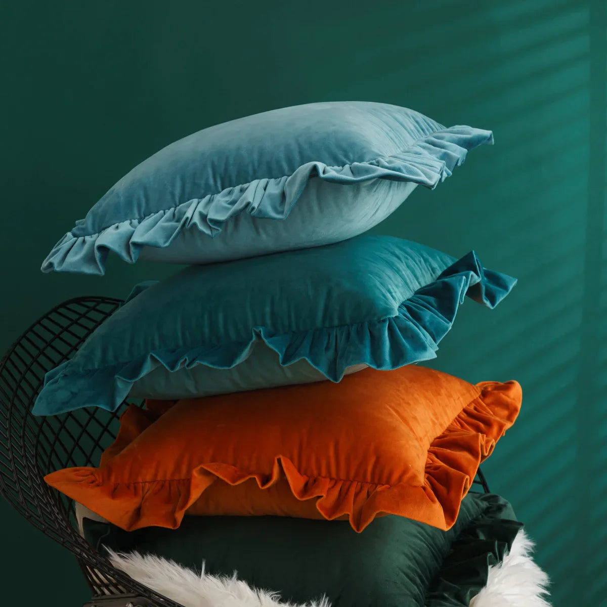 Velvet Cushion Cover with Ruffle Edge Square Pillows