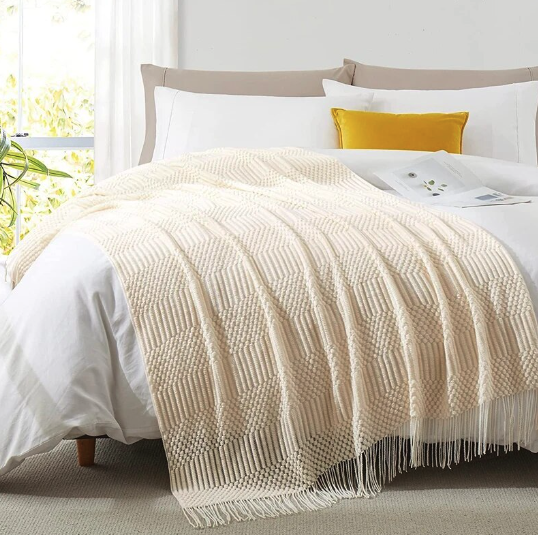 Nordic Knitted Throw Blanket with Fringe for Sofa and Bed