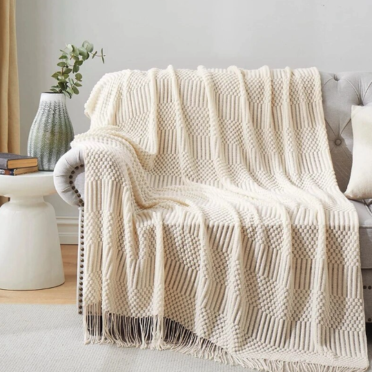 Nordic Knitted Throw Blanket with Fringe for Sofa and Bed