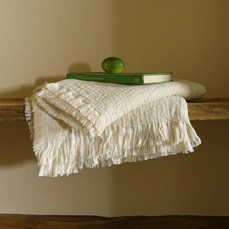 Muslin Cotton Throw Blanket with Tassels Lightweight Fabric