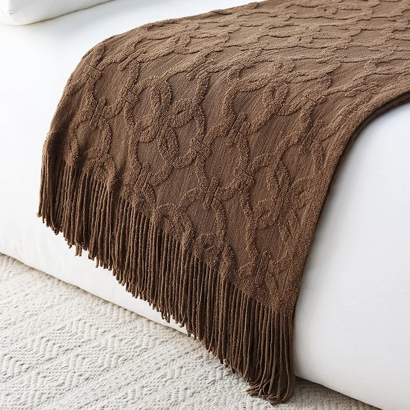 Large Knitted Jacquard Throw Blanket with Fringe