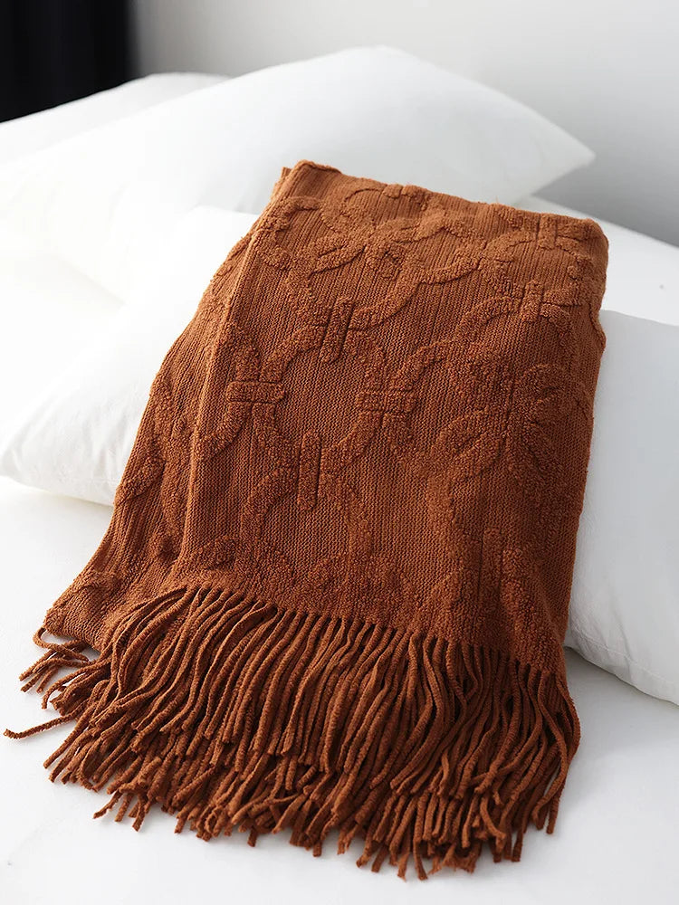 Large Knitted Jacquard Throw Blanket with Fringe