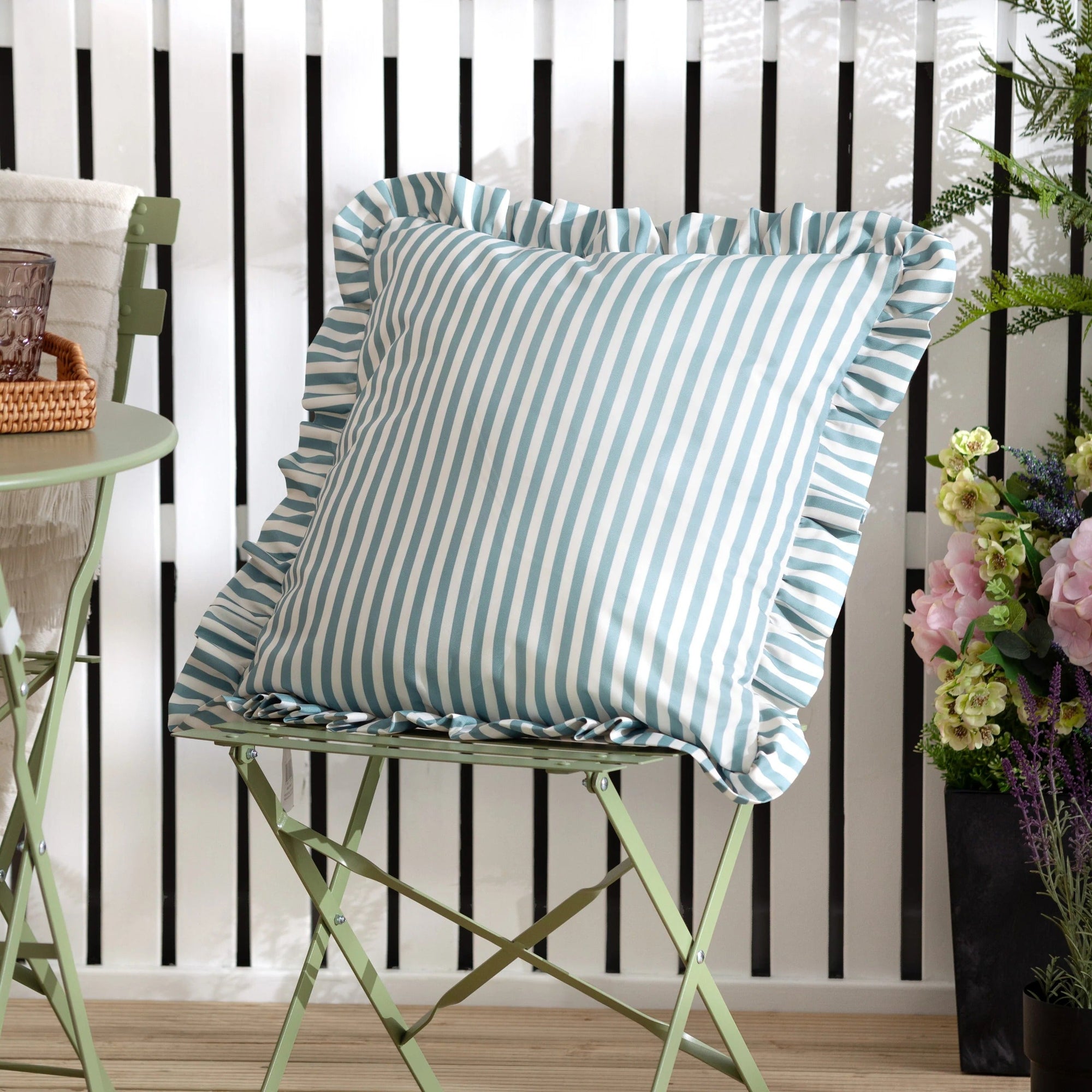 Water Resistant Striped Cushion Cover with Ruffle Trim